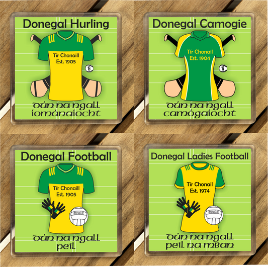 County Donegal GAA Coasters. Hurling, Camogie, Gaelic Football, & Ladies Gaelic Football. Gaelic Games, drinks coasters.