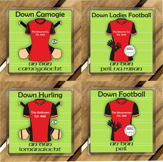 County Down GAA Coasters. Hurling, Camogie, Gaelic Football, & Ladies Gaelic Football. Gaelic Games, drinks coasters.