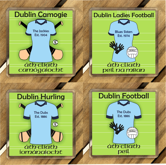 County Dublin GAA Coasters. Hurling, Camogie, Gaelic Football, & Ladies Gaelic Football. Gaelic Games, drinks coasters.