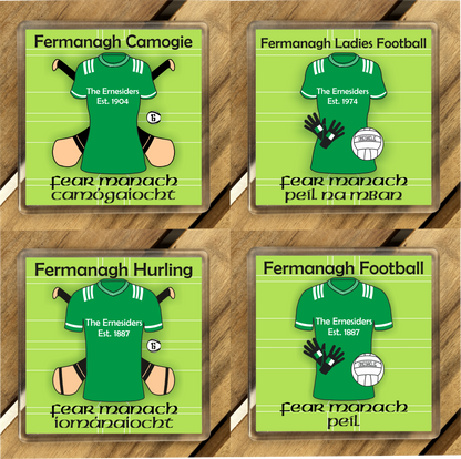 County Fermanagh GAA Coasters. Hurling, Camogie, Gaelic Football, & Ladies Gaelic Football. Gaelic Games, drinks coasters.