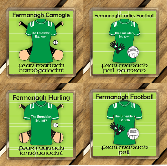 County Fermanagh GAA Coasters. Hurling, Camogie, Gaelic Football, & Ladies Gaelic Football. Gaelic Games, drinks coasters.