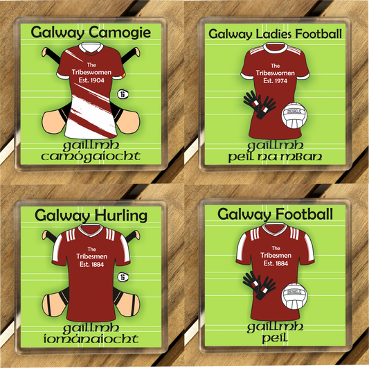 County Galway GAA Coasters. Hurling, Camogie, Gaelic Football, & Ladies Gaelic Football. Gaelic Games, drinks coasters.