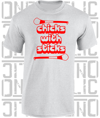 Chicks With Sticks, Camogie T-Shirt - Adult - Louth