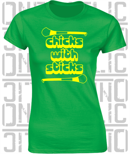 Chicks With Sticks, Camogie Ladies Skinny-Fit T-Shirt - Donegal