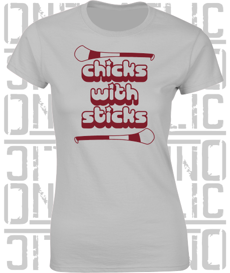 Chicks With Sticks, Camogie Ladies Skinny-Fit T-Shirt - Westmeath