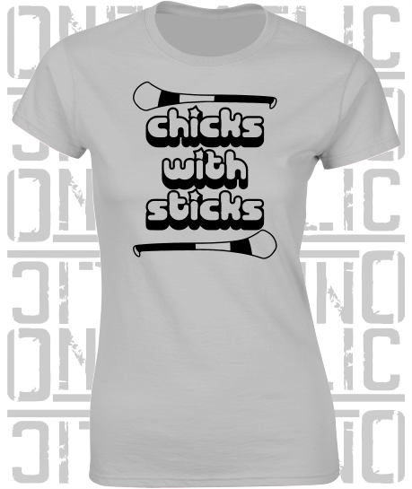 Chicks With Sticks, Camogie Ladies Skinny-Fit T-Shirt - Kildare
