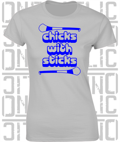 Chicks With Sticks, Camogie Ladies Skinny-Fit T-Shirt - Monaghan