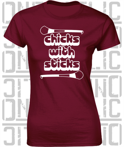 Chicks With Sticks, Camogie Ladies Skinny-Fit T-Shirt - Galway