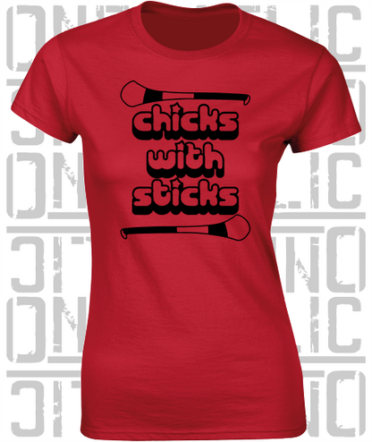 Chicks With Sticks, Camogie Ladies Skinny-Fit T-Shirt - Down