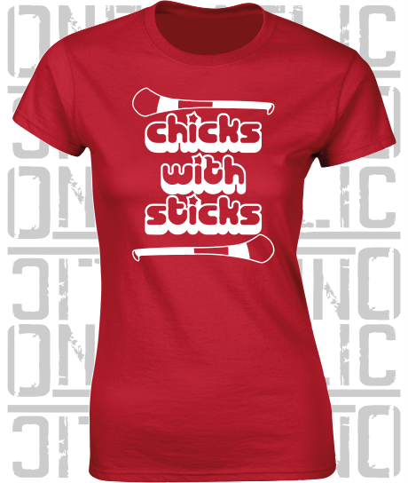 Chicks With Sticks, Camogie Ladies Skinny-Fit T-Shirt - Derry