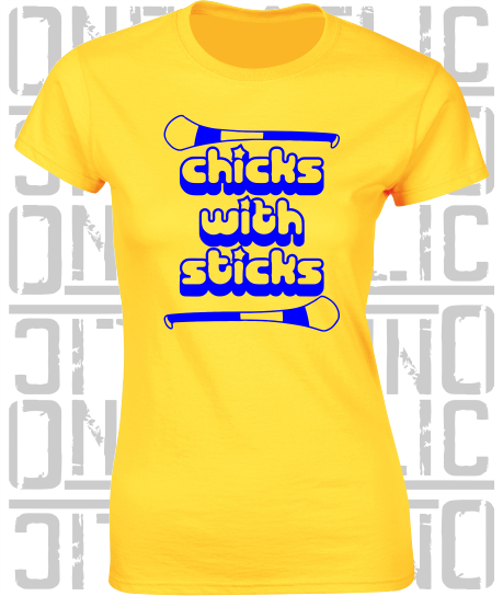Chicks With Sticks, Camogie Ladies Skinny-Fit T-Shirt - Clare