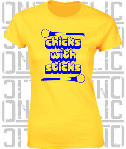 Chicks With Sticks, Camogie Ladies Skinny-Fit T-Shirt - Clare