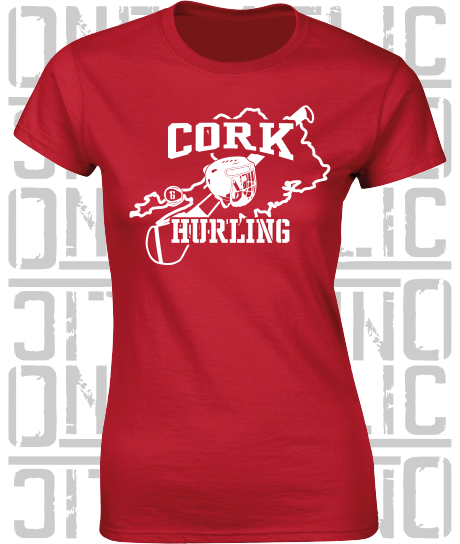 County Map Hurling Ladies Skinny-Fit T-Shirt - Cork