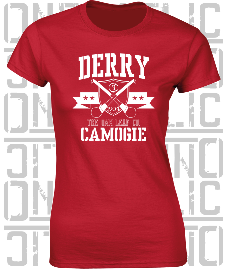 Crossed Hurls Camogie T-Shirt - Ladies Skinny-Fit - Derry