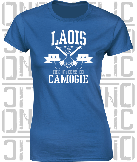 Crossed Hurls Camogie T-Shirt - Ladies Skinny-Fit - Laois