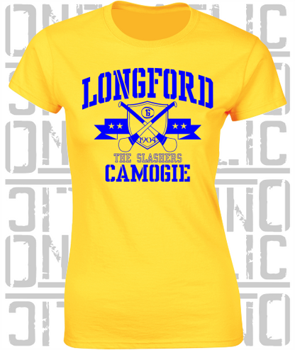 Crossed Hurls Camogie T-Shirt - Ladies Skinny-Fit - Longford